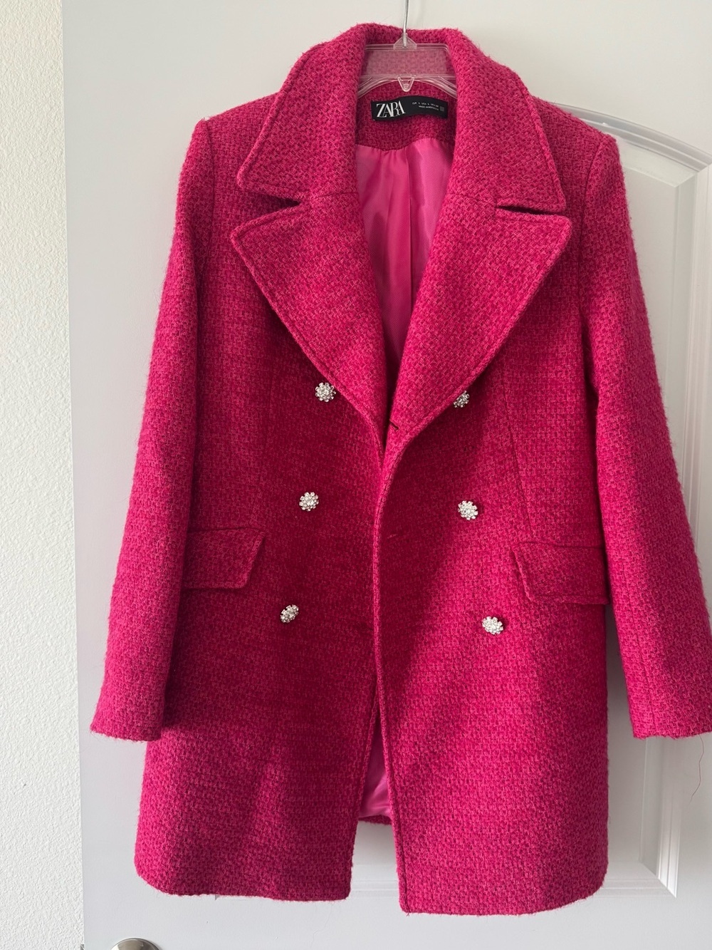 ZARA Pink Textured Tweed Double-Breasted Coat Size L